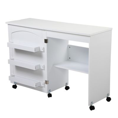 Moving White Foldable Sewing Table W/Cabinet