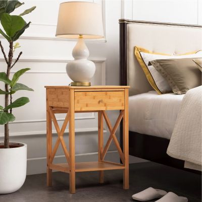 Set of 2 Modern Bamboo Nightstand 2-Tier Bed Sofa Side Table with Drawer and X-Side Shelf，Two Colors