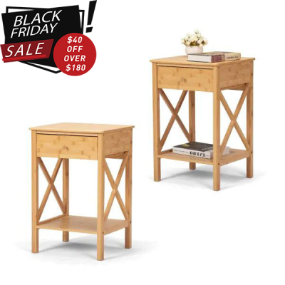 Set of 2 Modern Bamboo Nightstand 2-Tier Bed Sofa Side Table with Drawer and X-Side Shelf，Two Colors