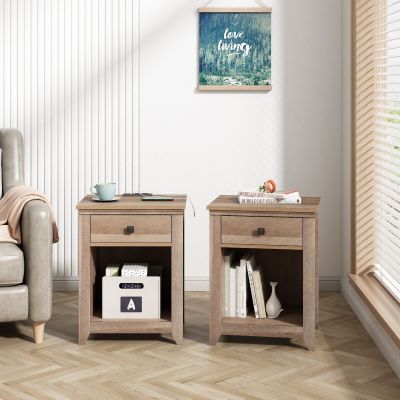 Farmhouse Nightstand Set of 2 Bedside Table with USB Charging Station Wood Storage Cabinet for Home Bedroom