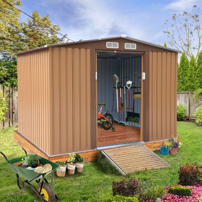 8x6 ft Large Metal Outdoor Storage Shed for Garden Tools-Coffee Brown