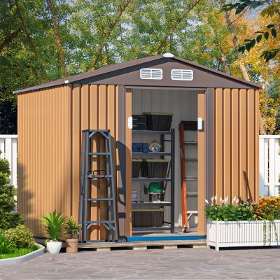 8x6 ft Large Metal Outdoor Storage Shed for Garden Tools, Coffee Brown