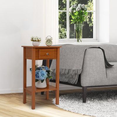 2-Tier Modern and Simple Wooden End Table Nightstand with 1 Drawer, Honey Brown
