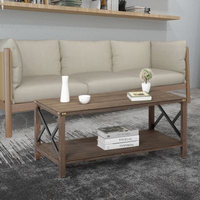 Metal R Coffee Table, Farmhouse Tea Table with 2-Tier Shelf Storage