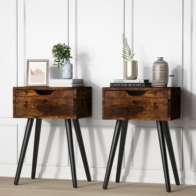 Rustic Nightstands Bed Side Table for Bedroom with Solid Wood Legs Set of 2