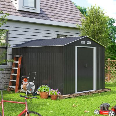 8' x 10' Outdoor Metal Storage Shed with Sliding Doors for Backyard, Charcoal Black