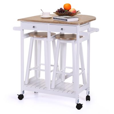 Rolling Kitchen Island W/Drop-Leaf, 2 Stools