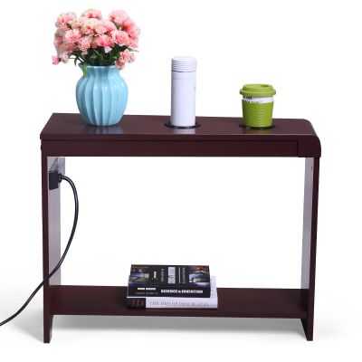 Slim Wood Chair Side Table W/Outlet, Holder