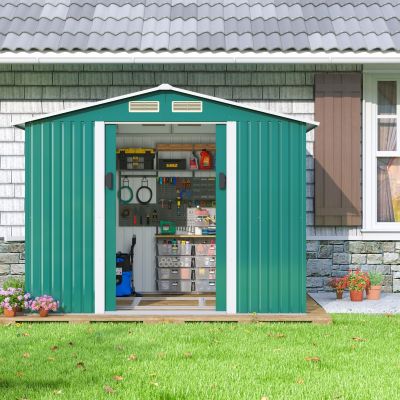6.3' x 9.1' Outdoor Storage Shed Metal Storage Buildings Shed Garden Tool Utility Shed Galvanized Steel with Sliding Door, 2 Colors