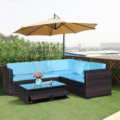 Patio Wicker Sectional Sofa Set W/Storage, Cushion