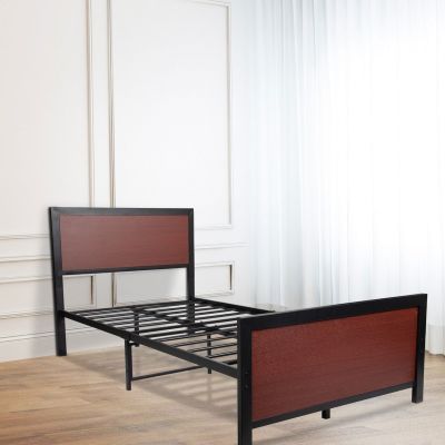 37 Inch Queen Size Metal Platform Bed Frame Heavy Duty Mattress Foundation Steel Slat Support w/ Wooden Headboard and Foot-Board