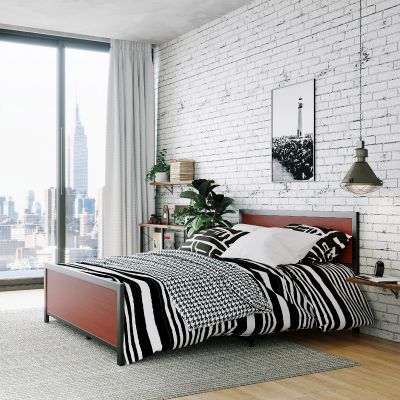 37 Inch Queen Size Metal Platform Bed Frame Heavy Duty Mattress Foundation Steel Slat Support w/ Wooden Headboard and Foot-Board