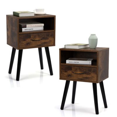 Mid-Century Wood Nightstand End Table with Drawer and Shelf Set of 2 