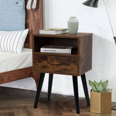 Mid-Century Wood Nightstand End Table with Drawer and Shelf Set of 2 