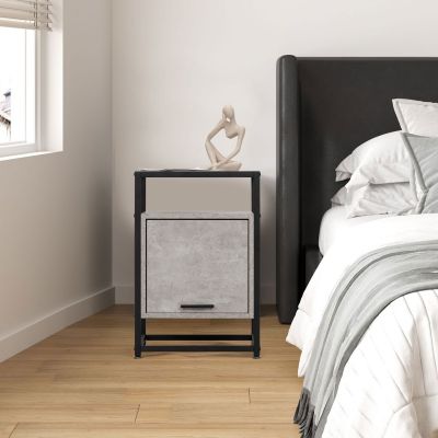Tempered Glass Nightstand with Cabinet with Removable Shelf and Flap Door for Bedroom and Living Room, Gray-Washed / Marbled Gray
