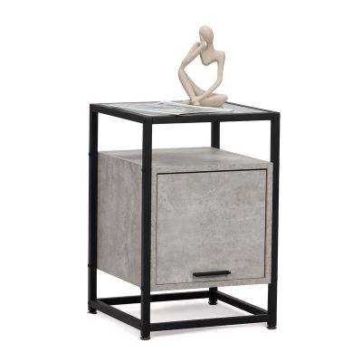 Tempered Glass Nightstand with Cabinet with Removable Shelf and Flap Door for Bedroom and Living Room, Gray-Washed / Marbled Gray