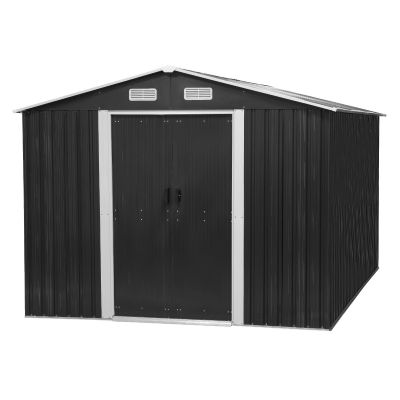 8' x 12' Outdoor Metal Storage Shed with Sliding Doors for Backyard, Charcoal Black