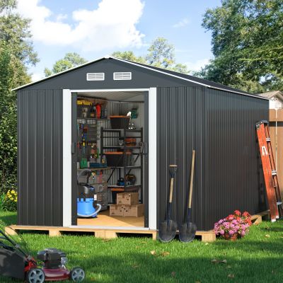 8' x 12' Outdoor Metal Storage Shed with Sliding Doors for Backyard, Charcoal Black