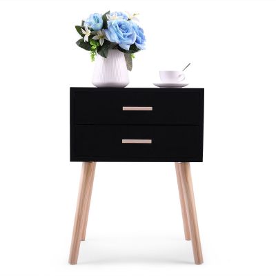 Minimalist Two Drawer Nightstand with Wooden Legs Set of Two