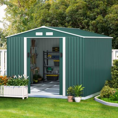 9.1' x 10.5' Garden Tool Metal Outdoor Storage Utility Building Shed with Sliding Door, 4 Vents, 2 Colors