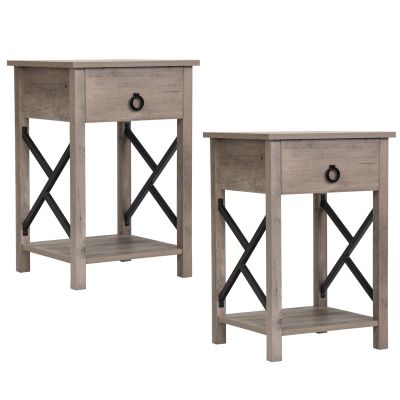  Industrial Wood Nightstand Accent End Table with Drawer and Shelf, X-Shape Metal Frame