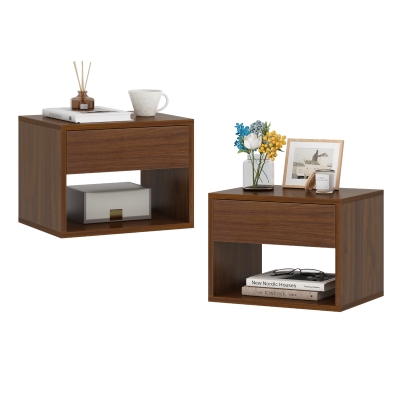 Wall Mounted Nightstands Set of 2 with Open Shelf for Bedroom, Living Room, Walnut-Brown