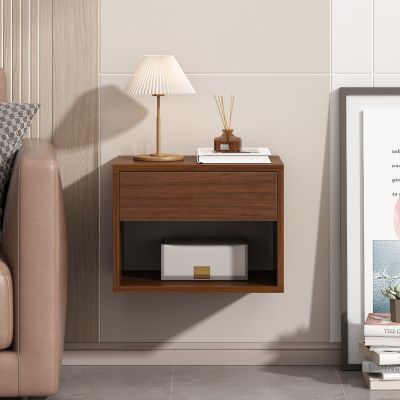 Wall Mounted Nightstands Set of 2 with Open Shelf for Bedroom, Living Room, Walnut-Brown