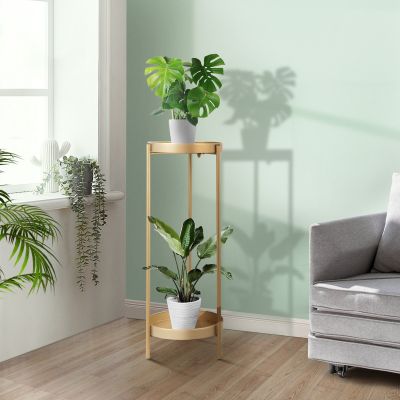 2-Tier Golden Plant Holder Shelf with 2 Round Trays