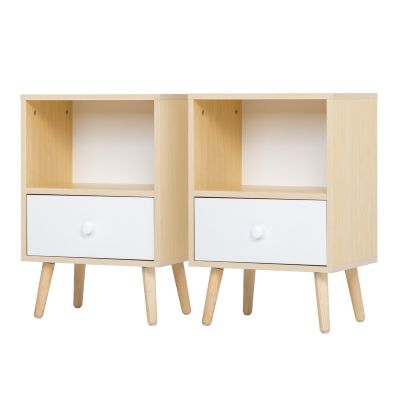 Jaxpety Wood Nightstand Set of 2 with Storage Drawer & Solid Wood Leg, Wood + White