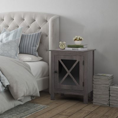 Accent Cabinet Wood Nightstand W/ Glass Door End Table