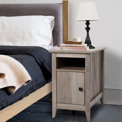 Wooden Narrow Nightstand End Table with Open Shelf and Large Cabinet with Rustic Style