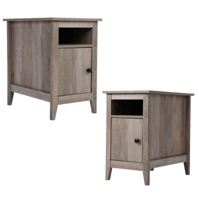 Wooden Narrow Nightstand End Table with Open Shelf and Large Cabinet with Rustic Style