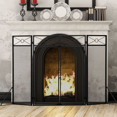 Fireplace Screen with Doors Large Flat, 4 Panels Guard Fire Screens with Triangle Feet, Black