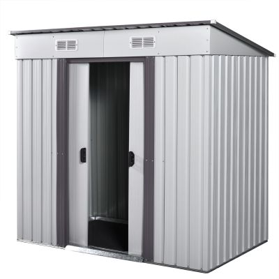 4 x 6 ft Metal Yard Tool Shed Outdoor Storage Shed with Sliding Door, White+Gray