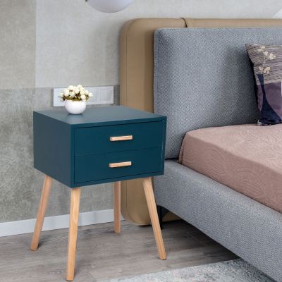 Teak Low End Side Table W/2 Drawers, Splayed Leg