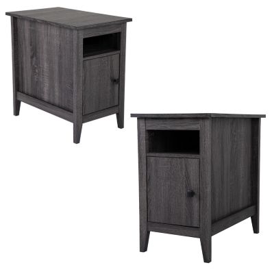 Wooden Narrow Nightstand with Open Shelf and Large Cabinet Rustic Style Set of 2