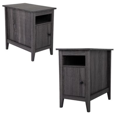 Wooden Narrow Nightstand with Open Shelf and Large Cabinet Rustic Style 