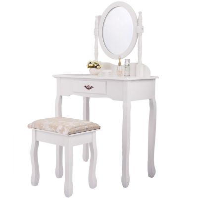 White Makeup Vanity W/1 Drawer and Oval Mirror 