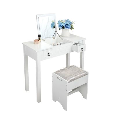 White Dressing Table with Flip Mirror + Compartment Drawer