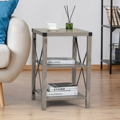 Gray 3-Tier Sofa Side End Table W/ Storage Shelf X-Shaped