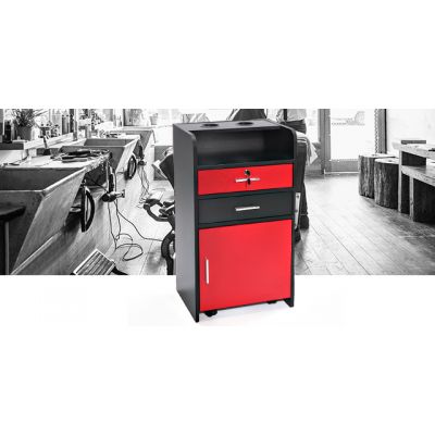 Red + Black Rolling Barber Beauty Station Cabinet