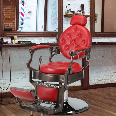 Vintage Barber Chair, Heavy Duty Metal All Purpose Hydraulic Recline Styling Chair, Beauty Salon Spa Styling Equipment, Red