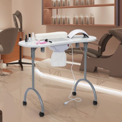 Portable & Foldable Manicure Table Nail Table Desk with Electric Dust Collector, 4 Lockable Wheels, Carry Bag, White