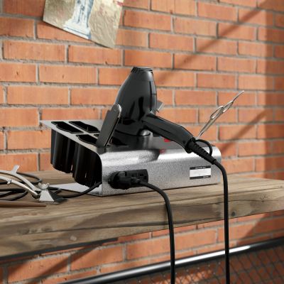 Large 8-Hole Salon Desktop Hair Iron & Blow Dryer Holder, Hair Salon Rack W/ 3-Plug，Metallic
