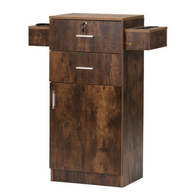 3-Tier Beauty Salon Storage Cabinet, Lockable Styling Station with 6 Tool Holders, Stylist Equipment, Rustic Brown