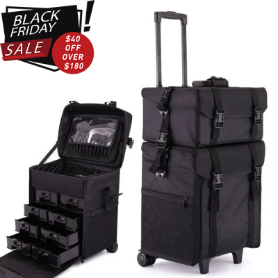 2 in 1 Makeup Case On Wheels Makeup Trolley Suitcase and Toiletry Bag