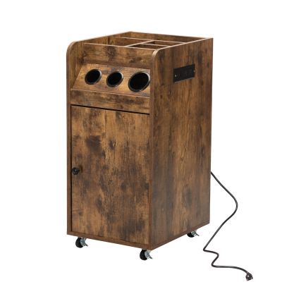 Rolling Wooden Salon Trolley Cart with 3 Hair Dryer Holders and Charging Station, Rustic Brown