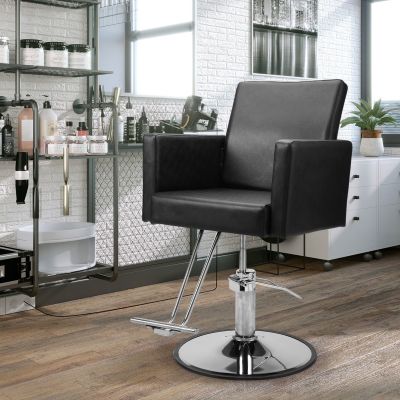 Modern Hydraulic Hairdressing Barber Chair with Round Base, Oil Pump and Footrest, Black PVC Leather for Hair Stylist, Black