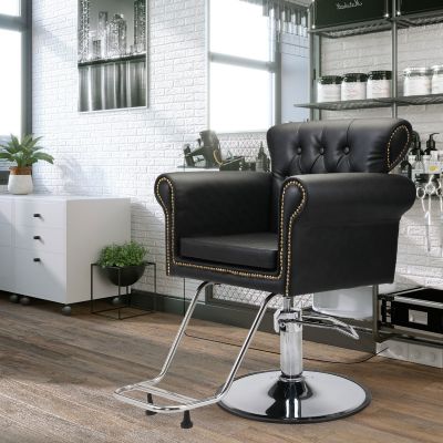 Classic Hydraulic Hairdressing Barber Chair with Round Base, Oil Pump and Footrest, Black PVC Leather for Hair Stylist,  Black