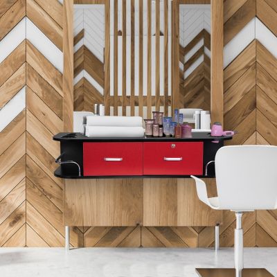Modern Wall-Mounted Barber Cabinet with Locking Drawer for Hair Stylist, Black and Red